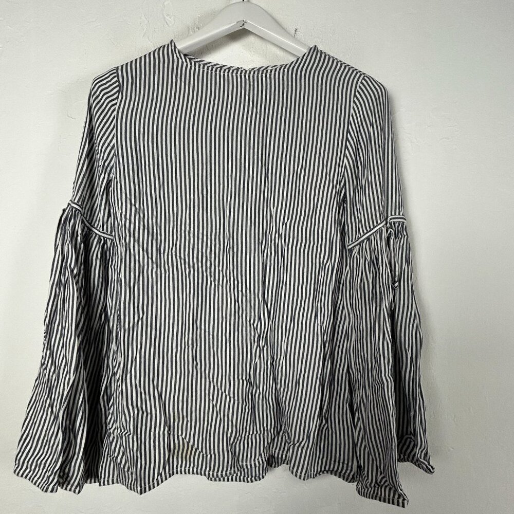 Beachlunchlounge Womens Striped Bell Sleeve Blouse Top XS White Navy Casual